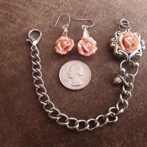 Pink ceramic rose chain bracelet 8" and matching earrings set.
